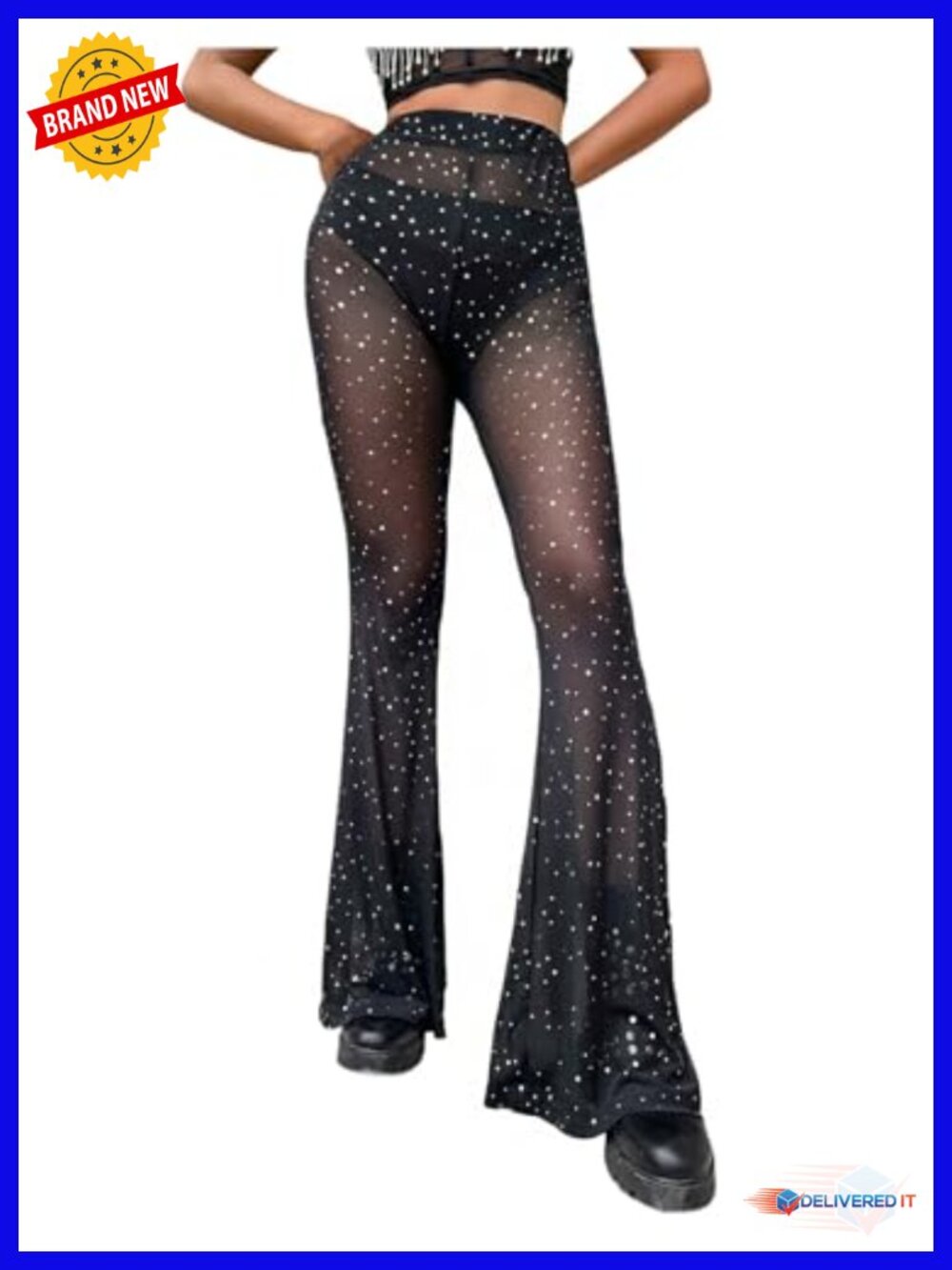 Sequin Flare See Through Mesh Bell Bottom Pants High Waist Rave Party - Picture 1 of 4